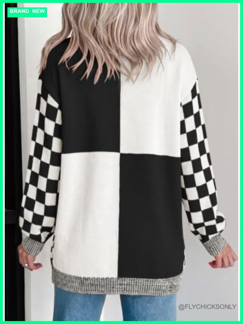 Open Front Checkered Cardigan Chunky Knit Women's Fall Sweater - Picture 2 of 6